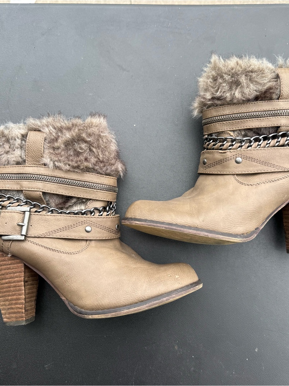 Not Rated Faux Fur Trim Taupe Ankle Boots with Chain Accent